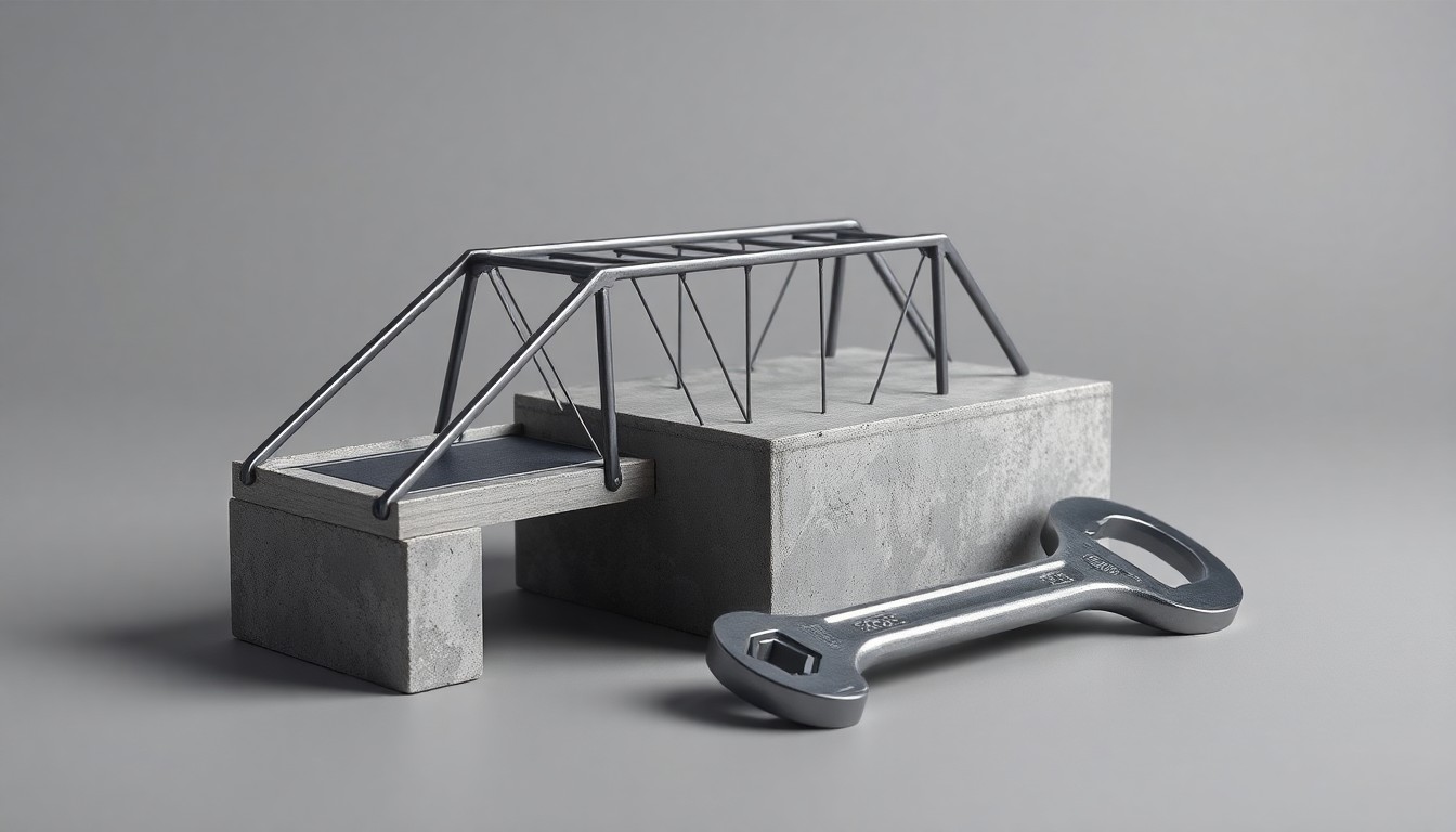 A photorealistic studio still life featuring a polished metal bridge model, a concrete block, and a wrench, symbolizing the completion of an infrastructure project.