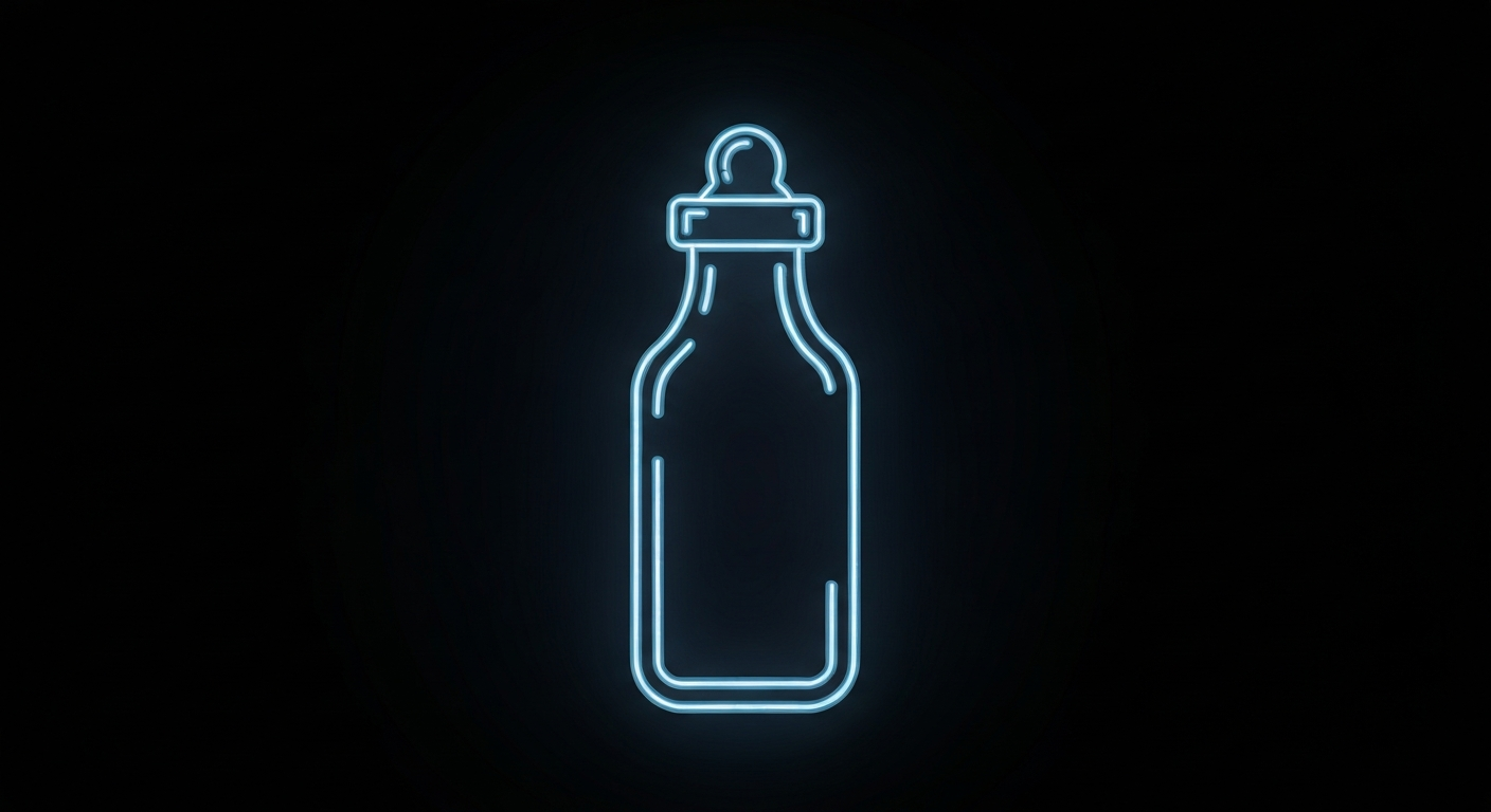A minimalist design in the style of Keith Haring, with the outline of a baby bottle defined by vibrant neon lines against a dark background, conceptually illustrating the fragility of infants during a measles outbreak.