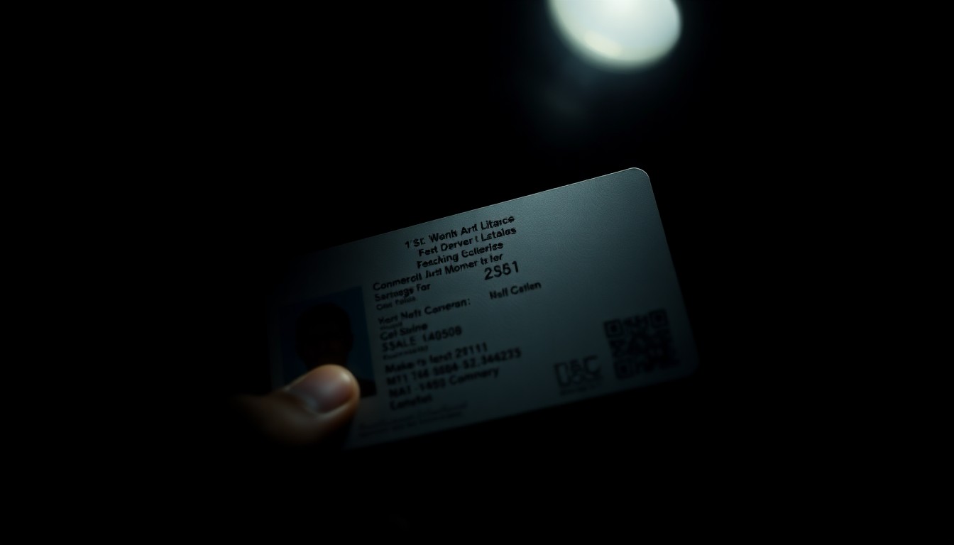 An extreme close-up photograph of a commercial driver's license or other official transportation document, capturing the texture and details of the document under harsh, direct lighting to create a stark, investigative aesthetic.