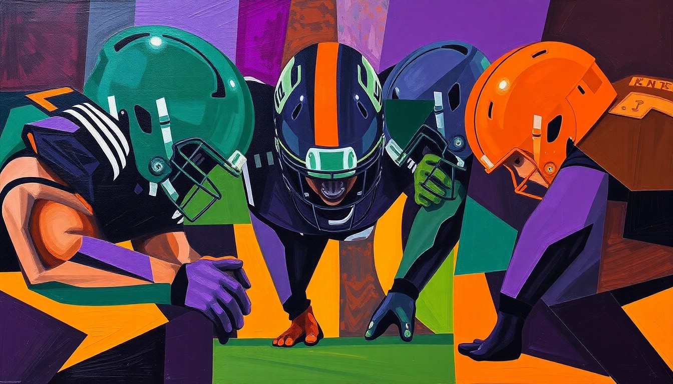 A fragmented, geometric painting depicting a football defensive line, with sharp planes of deep purple, forest green, and burnt orange colliding to create a sense of raw power and intensity on the line of scrimmage.