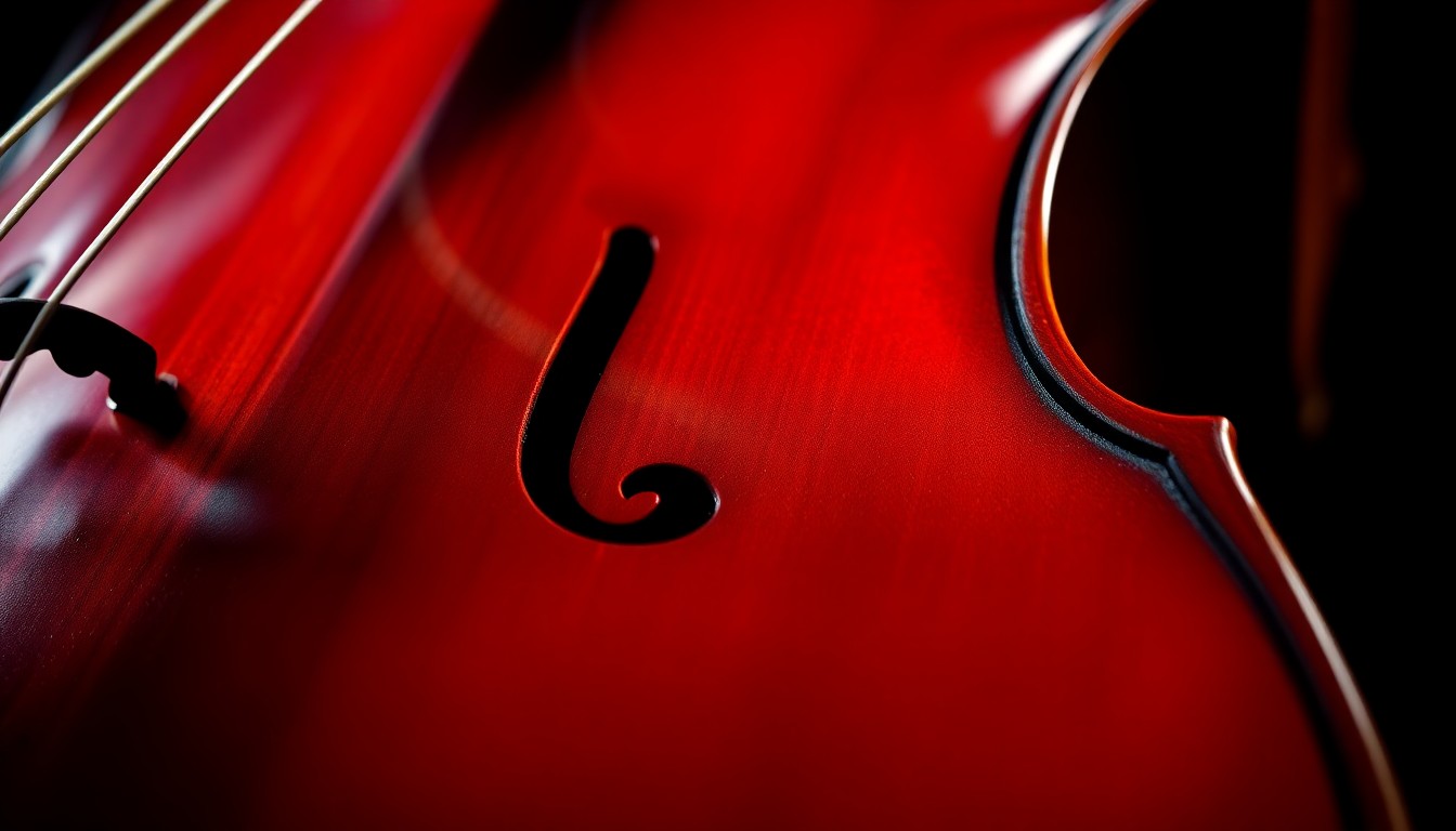 An extreme close-up photograph of a cello's glossy, lacquered wood grain, illuminated by dramatic studio lighting to create a high-contrast, glamorous aesthetic.