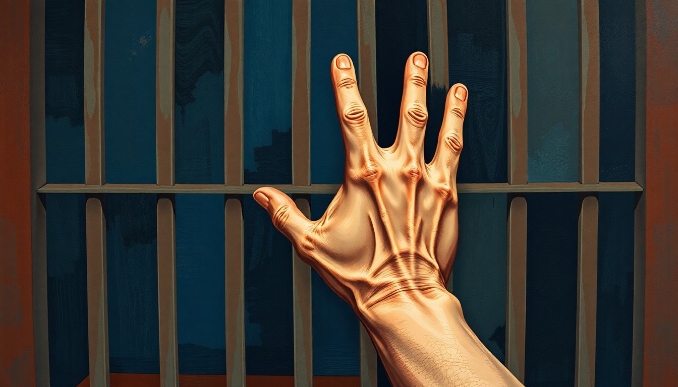 A surreal, fragmented painting depicting a hand reaching through a distorted, barred window, the bars and hand repeated in overlapping geometric waves of blues, greys, and reds, conveying a sense of struggle and confinement.