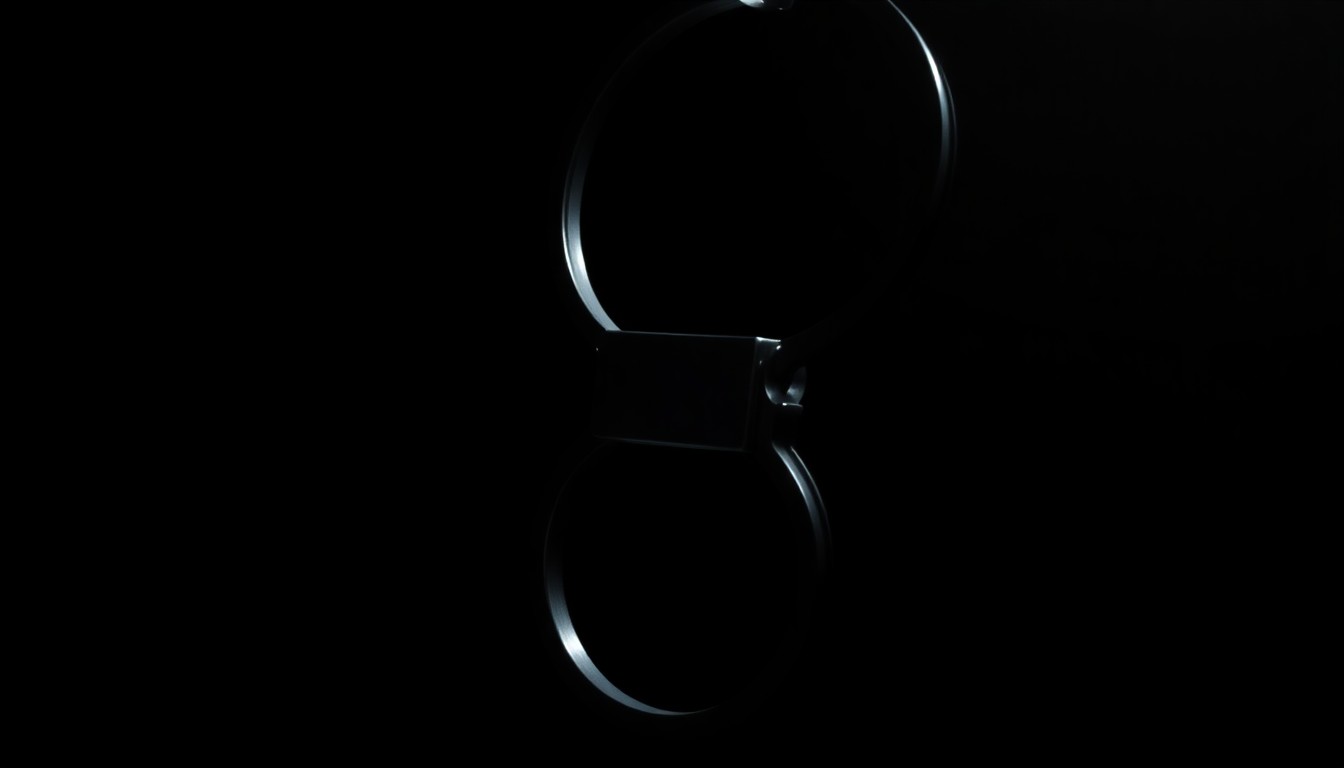 An extreme close-up photograph of a metal handcuff or police restraint device, lit by a harsh, direct camera flash against a pitch-black background, creating a stark, gritty, investigative aesthetic.