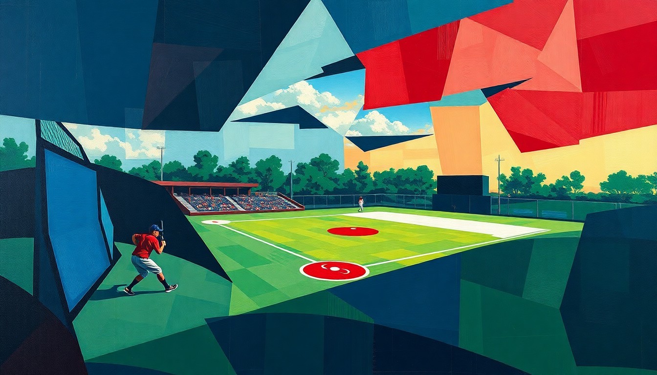 A fragmented, geometric painting depicting a high school softball game, with sharp planes of navy, green, and red overlapping to create a dynamic, abstract composition.