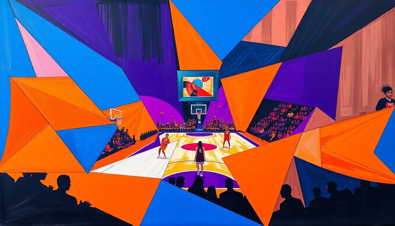 A dynamic, cubist-inspired illustration depicting the fluid motion and intensity of a WNBA basketball game, with players and the court fragmented into bold, overlapping geometric shapes in a vibrant color palette.