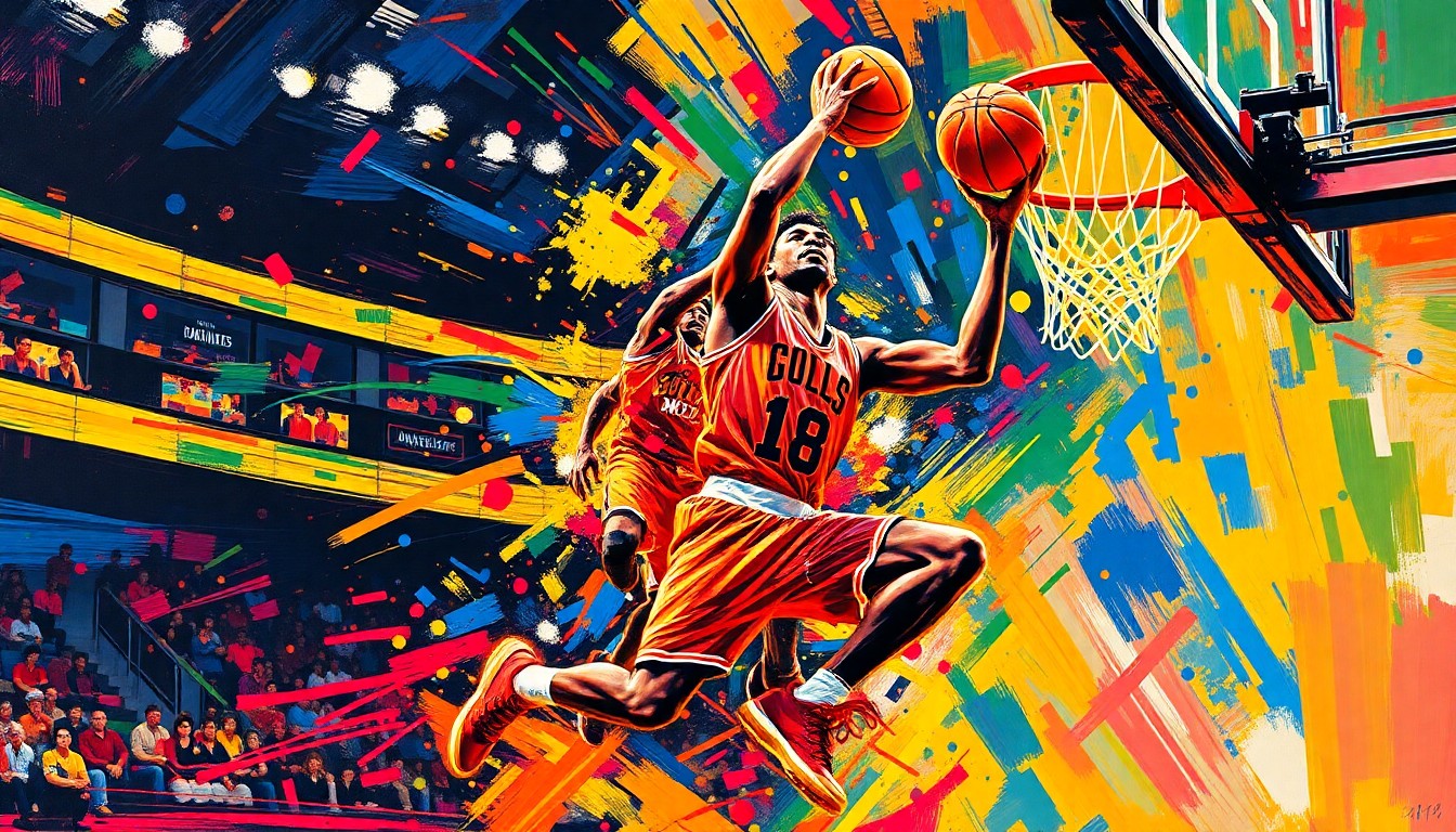 An abstract, energetic painting featuring bold brushstrokes in neon colors, capturing the dynamic motion and intensity of a basketball player in action.
