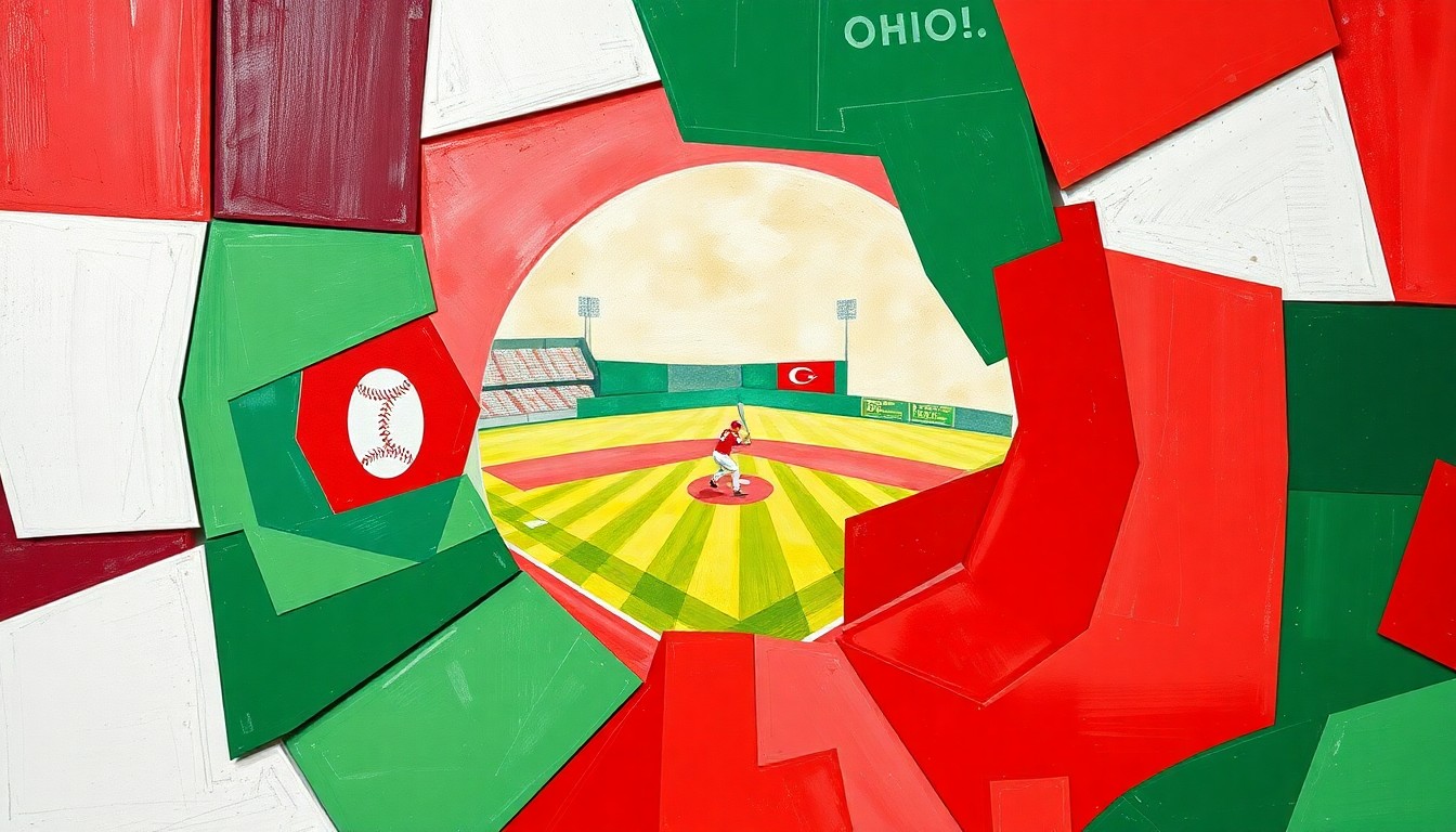 A cubist, geometric painting depicting the action of a softball game, with the players and field broken down into sharp, overlapping planes of scarlet red, white, and green for Ohio, and red and white for Miami.