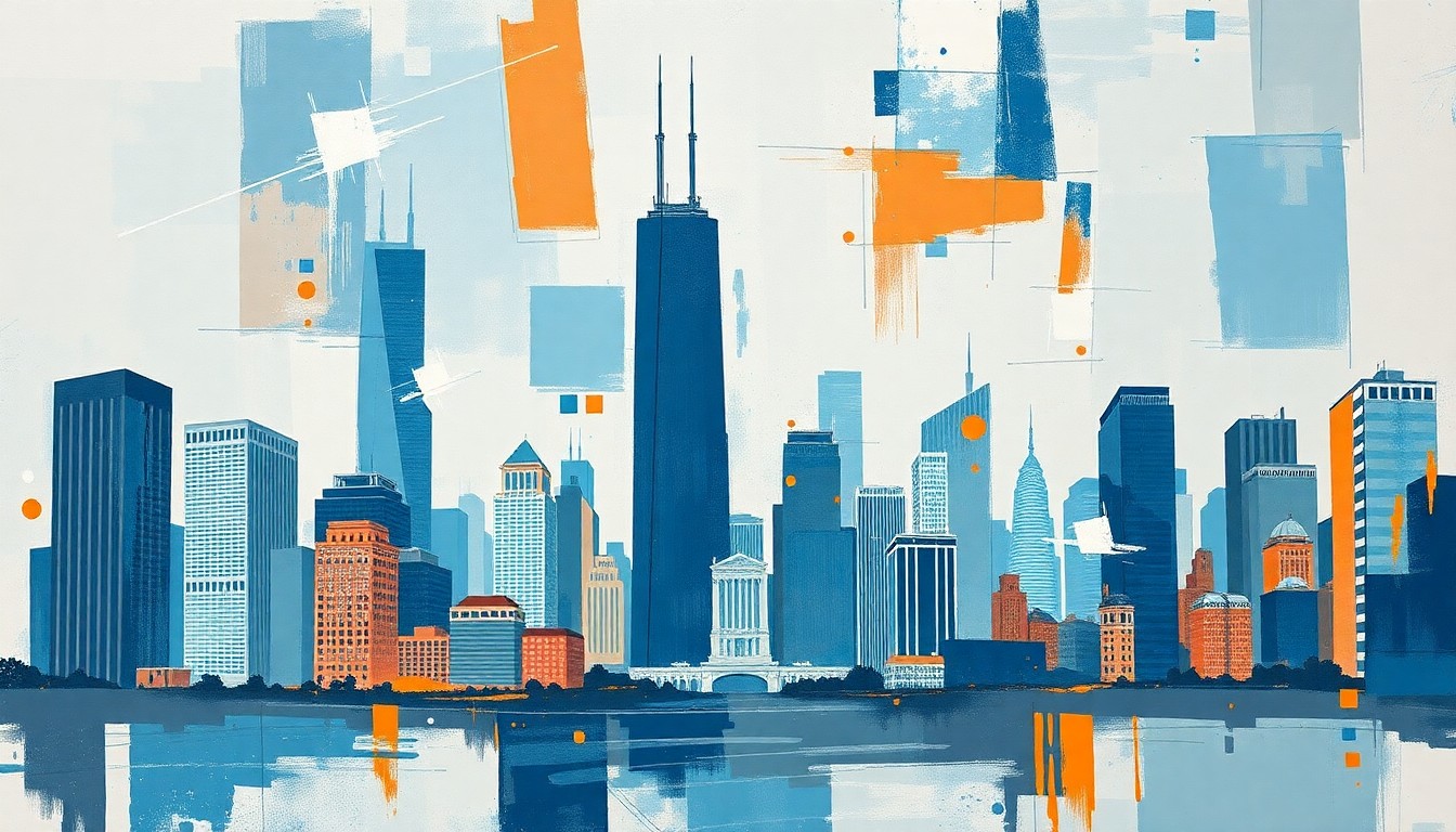 A dynamic, fractured painting of the Chicago skyline in shades of blue, grey, and orange, with overlapping geometric shapes and lines representing the fast-paced changes and developments in the city.
