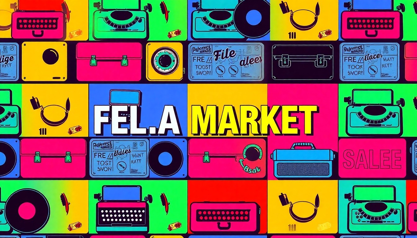 A high-contrast, silkscreen-style illustration featuring a repeating pattern of a vintage flea market item, such as a retro suitcase or typewriter, in a bold, neon color palette, capturing the energy and artistry of the Crossroads Flea Market.