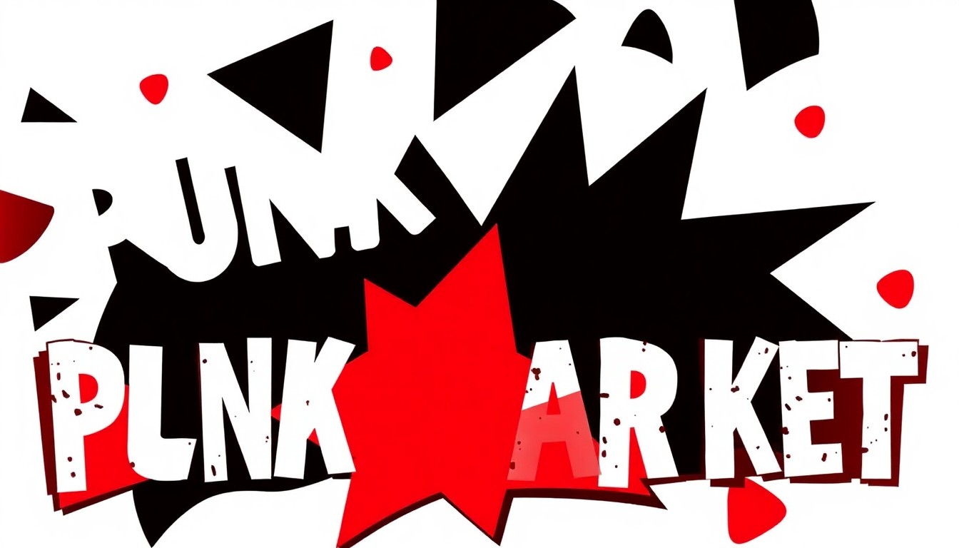 A bold, abstract composition of jagged, geometric cut-out shapes in high-contrast black, red, and white, conceptually representing the punk rock and DIY spirit of the Reno Punk Rock Flea Market.