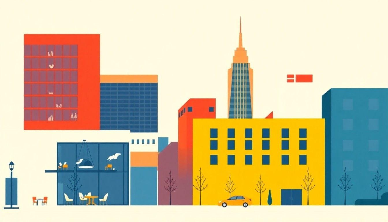 A geometric abstract illustration using bold shapes and primary colors to conceptually represent the economic data and trends in downtown Birmingham, including office occupancy, dining, and residential development.