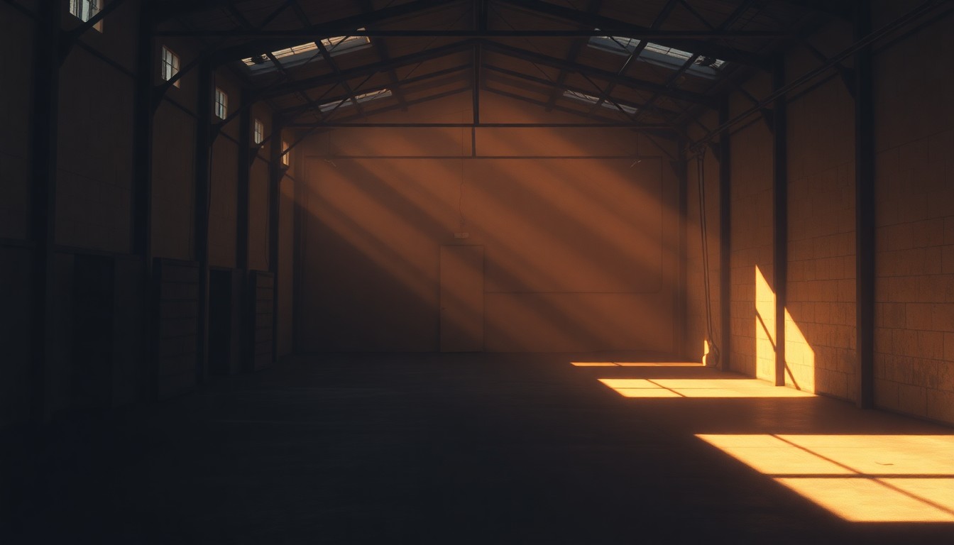 A dimly lit, cinematic interior of an empty warehouse, with warm diagonal sunlight streaming through the windows and deep shadows enveloping the space, conveying a sense of unease and melancholy about the proposed use of such spaces for immigration detention.