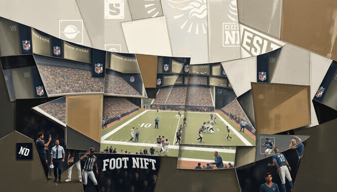 A cubist, geometric illustration depicting fragmented football players and draft prospects, conveying the complexity and evolving nature of the Ravens' roster-building approach.