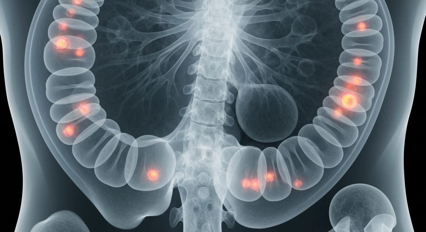 An ethereal, ghostly X-ray image revealing the delicate internal structures of the human colon and liver, with faint glowing outlines of cancerous growths, conveying the medical complexity and fragility of the subject's condition.