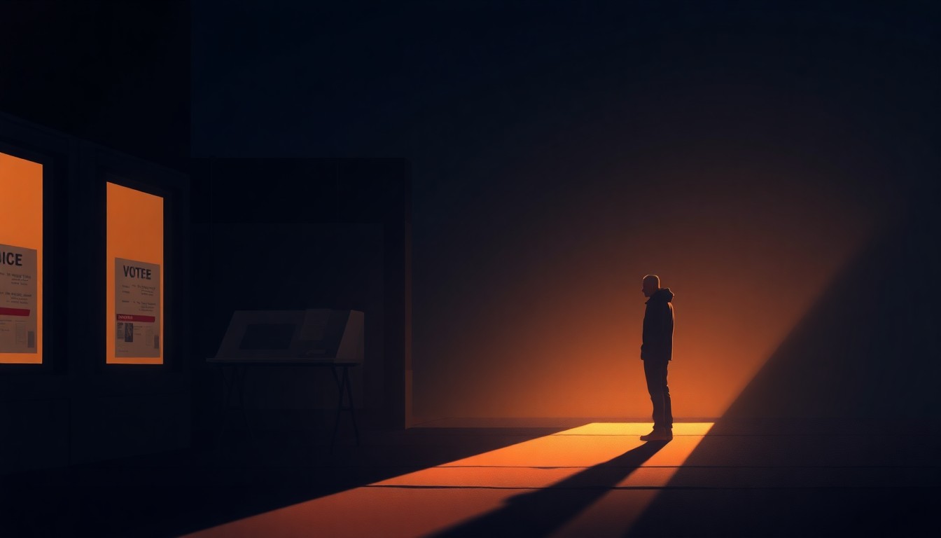 A photorealistic painting of a lone voter standing in front of a nondescript polling place, the scene bathed in warm, diagonal sunlight and deep shadows that create a sense of quiet contemplation.