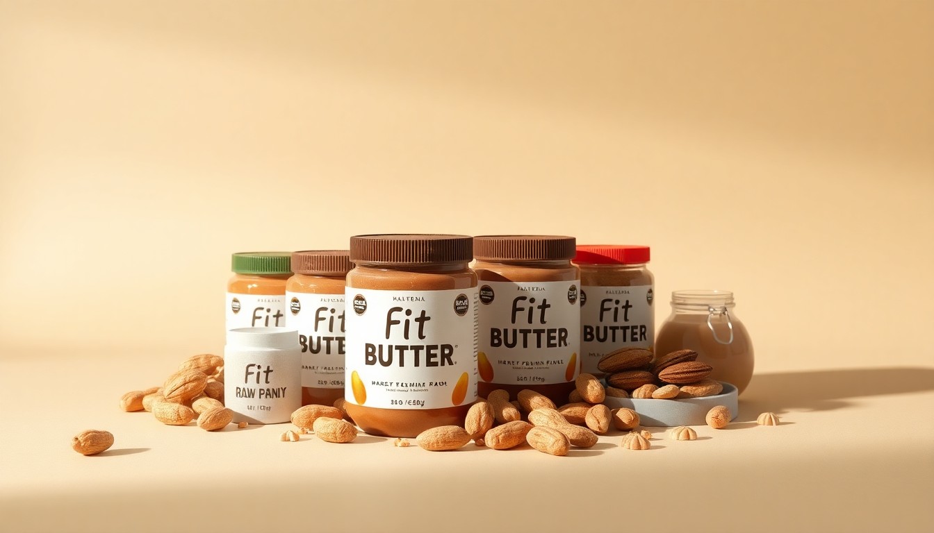 A high-end, photorealistic studio still-life photograph featuring an elegant arrangement of Fit Butters jars, peanuts, and other premium ingredients on a clean, monochromatic background, conceptually representing the brand's premium quality and growth.