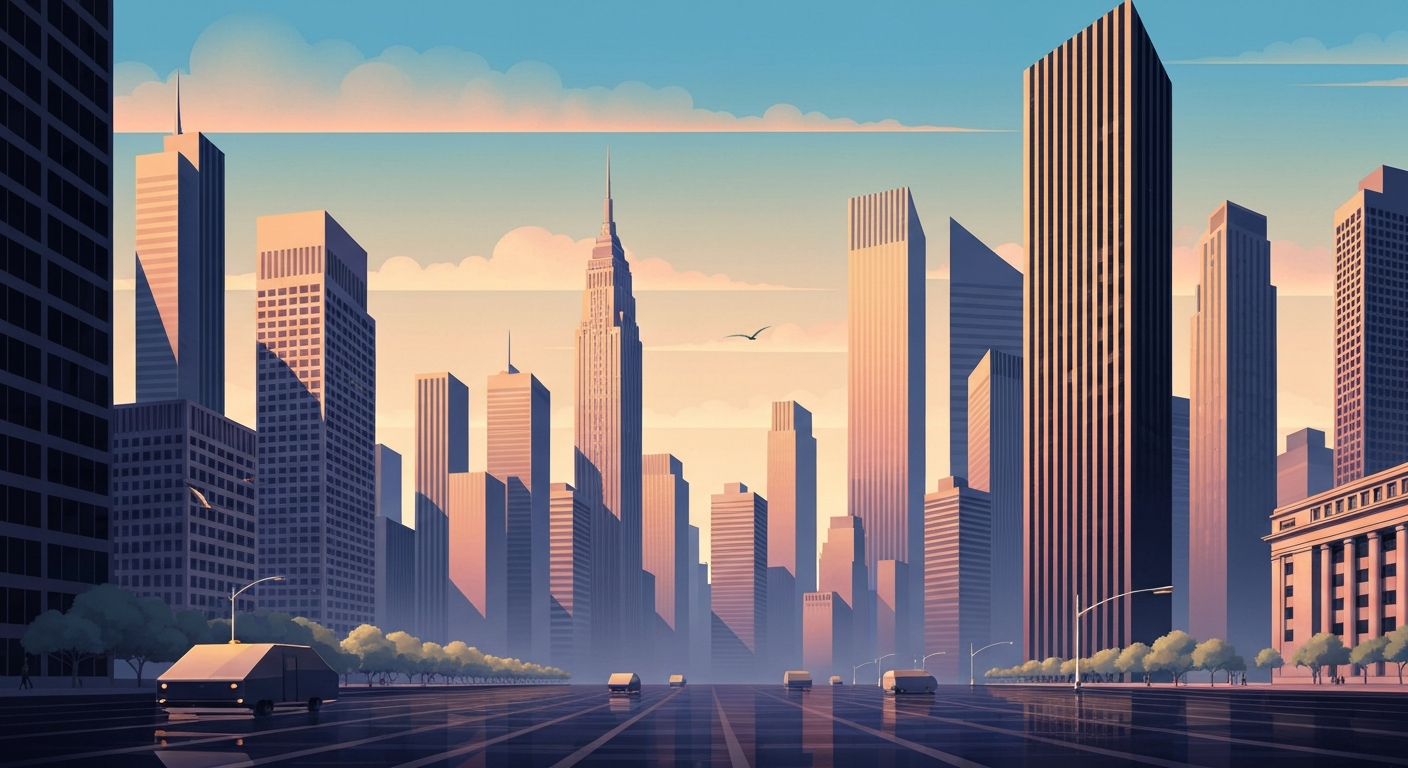 A highly stylized, geometric illustration depicting the sweeping scale and bold forms of New York City's iconic skyscrapers and subway infrastructure, conveying the sense of movement and modernity that characterizes the metropolis' public transportation network.