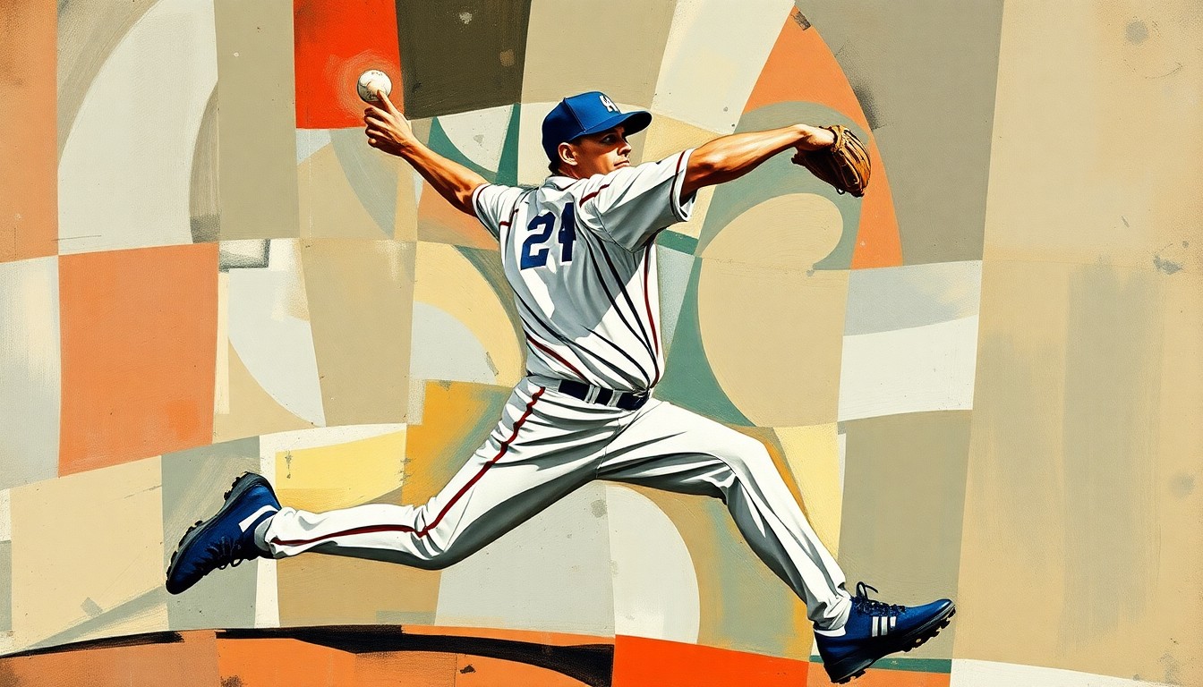 A fractured, geometric painting depicting a baseball pitcher's motion, with sharp, overlapping planes of color and form, conveying the conceptual idea of a player's career path being deconstructed and reimagined.