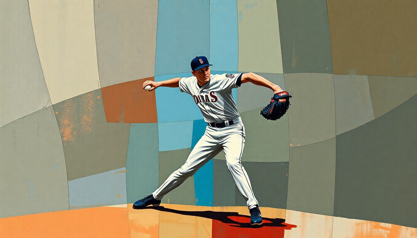 A fragmented, geometric painting depicting a baseball pitcher's windup and delivery, with overlapping planes of muted earth tones and blues conveying the raw energy and movement of the sport.
