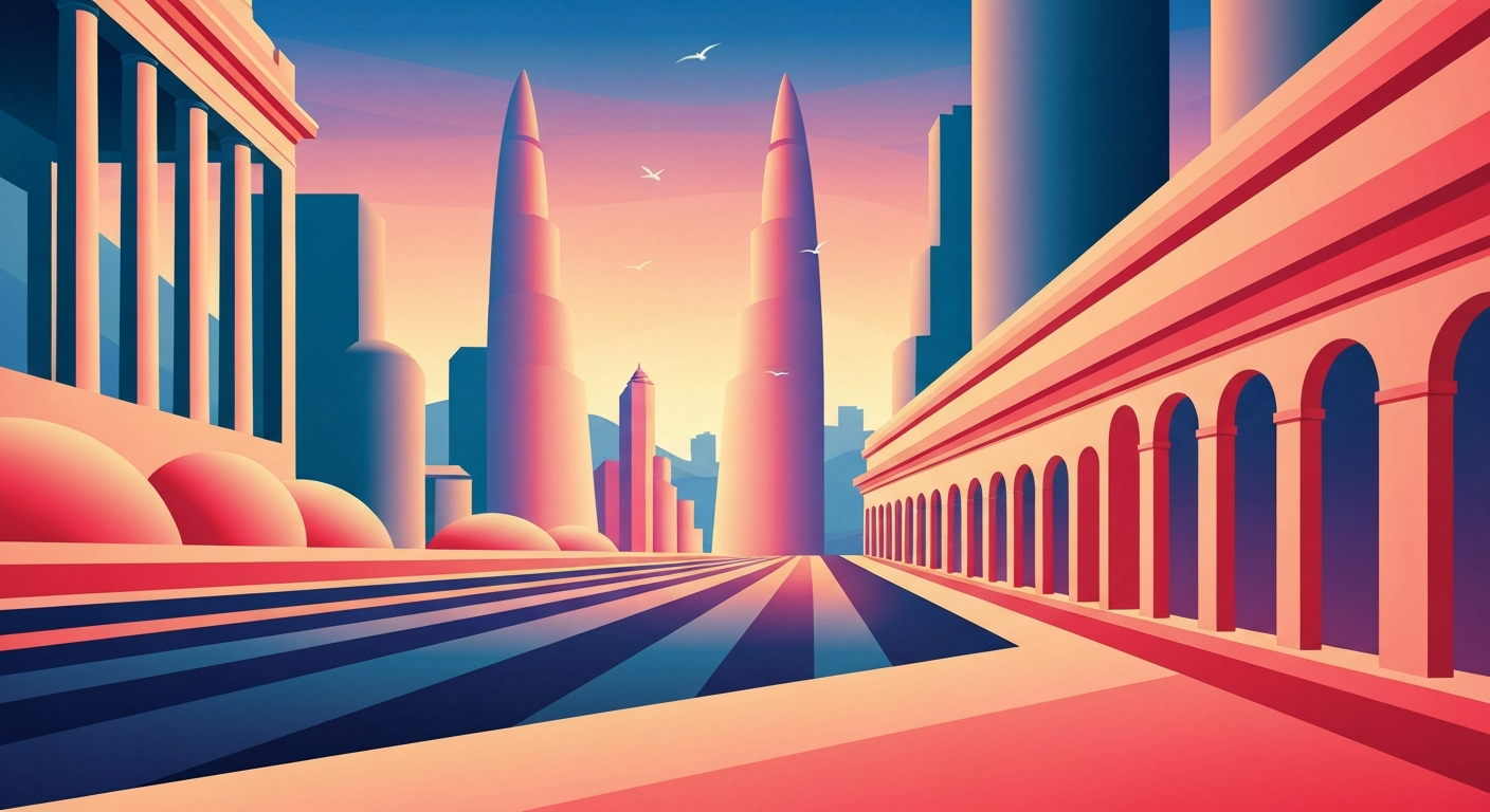 A highly stylized, geometric illustration depicting a towering, streamlined hotel structure set against a sweeping, gradient-filled landscape, conceptually representing the tension between development and conservation in the Turtle Bay area.