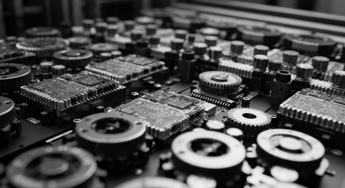 A high-contrast, close-up image of the gears, circuits, and machinery that make up the inner workings of a semiconductor manufacturing facility, conveying the industrial might and technological sophistication behind these companies.
