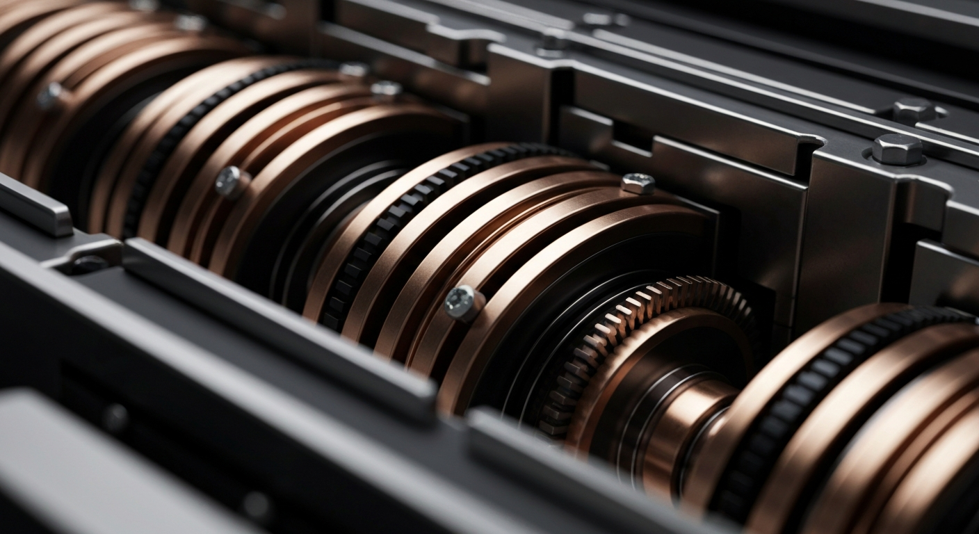 An extreme close-up of the heavy, industrial machinery and components that power the data processing and analytics at the heart of modern finance, conveying a sense of the complex systems driving stock market movements.