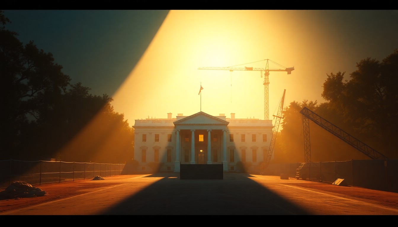 A serene, cinematic painting depicting an isolated White House construction site, with warm sunlight casting deep shadows across the unfinished structure, conveying a sense of tension and uncertainty surrounding the project's future.