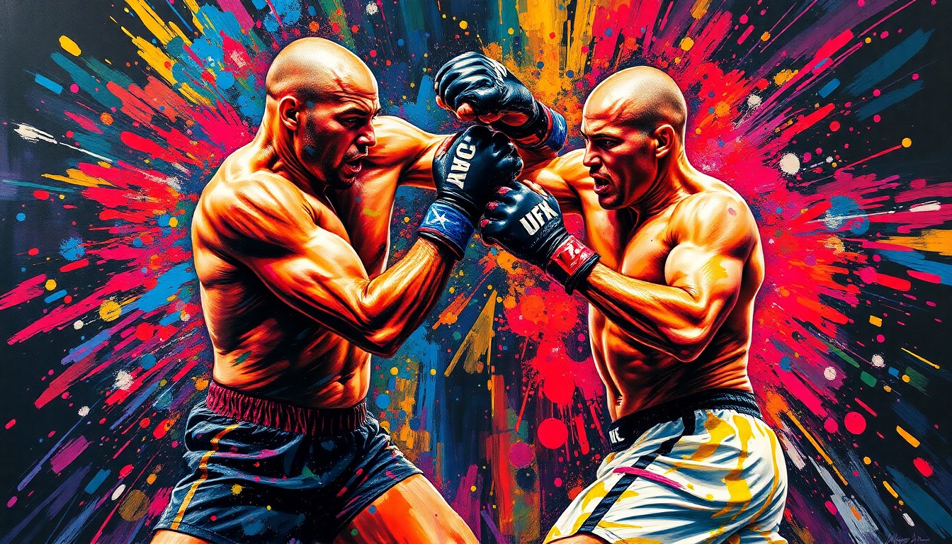 An abstract, expressionist painting in vibrant neon colors depicting the violent collision and entanglement of two MMA fighters, their bodies and limbs blending together in a chaotic, energetic scene.