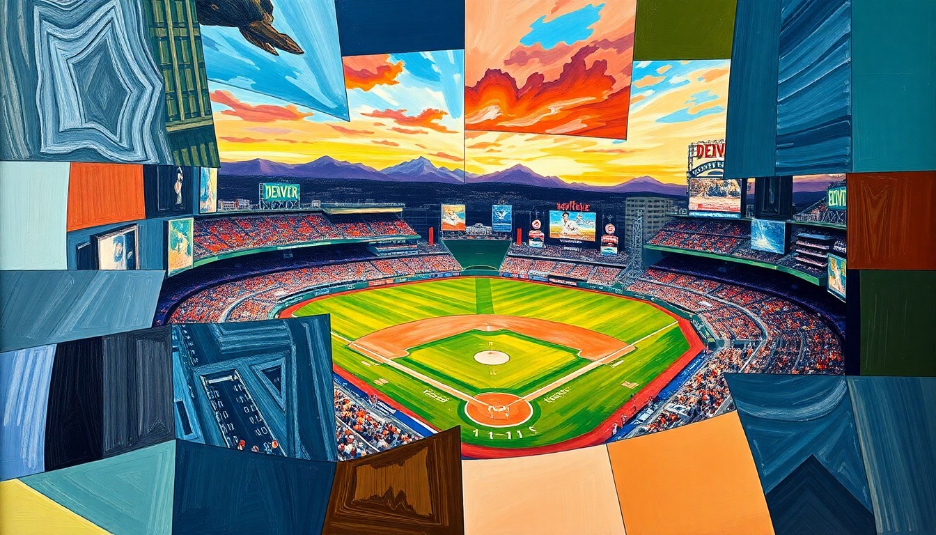 A cubist, geometric painting depicting a baseball game and the Denver skyline, with sharp, overlapping planes of color and shape representing the intertwined nature of the city's sports franchises.