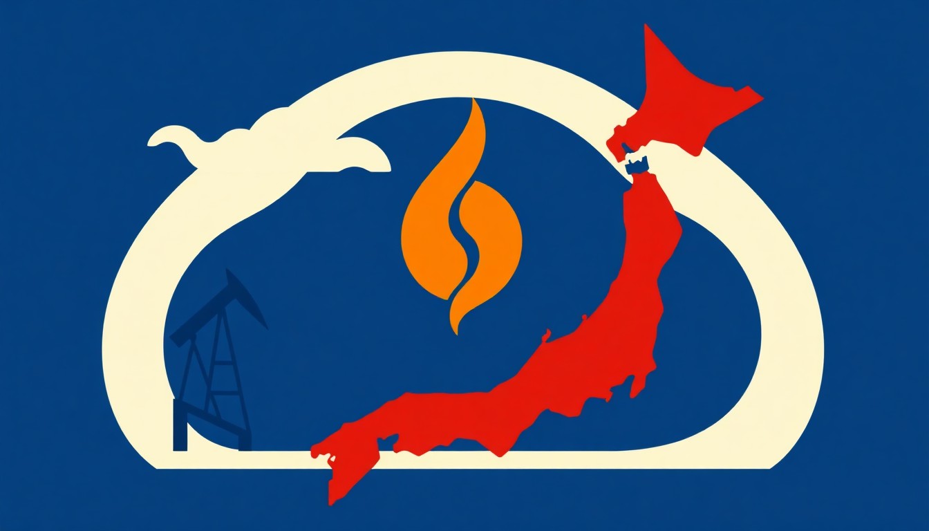 A visually striking abstract illustration featuring bold geometric shapes in shades of blue, red, and yellow, conceptually representing the economic turmoil caused by rising oil prices in Japan.