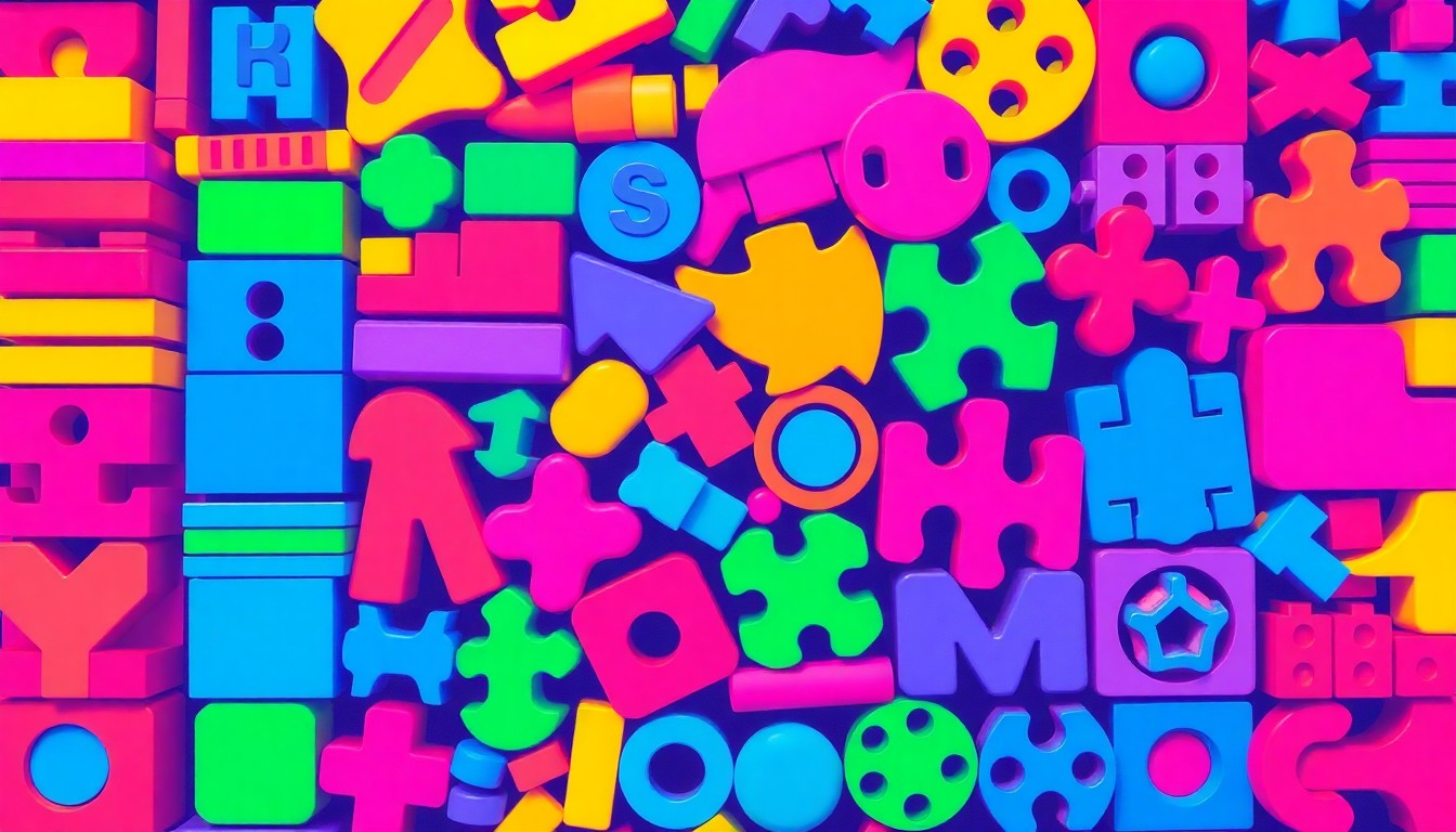 A brightly colored, abstract grid of various math manipulatives and learning aids, including colorful blocks, shapes, and counting tools, conceptually representing the engaging, hands-on approach of the Mathnasium tutoring program.