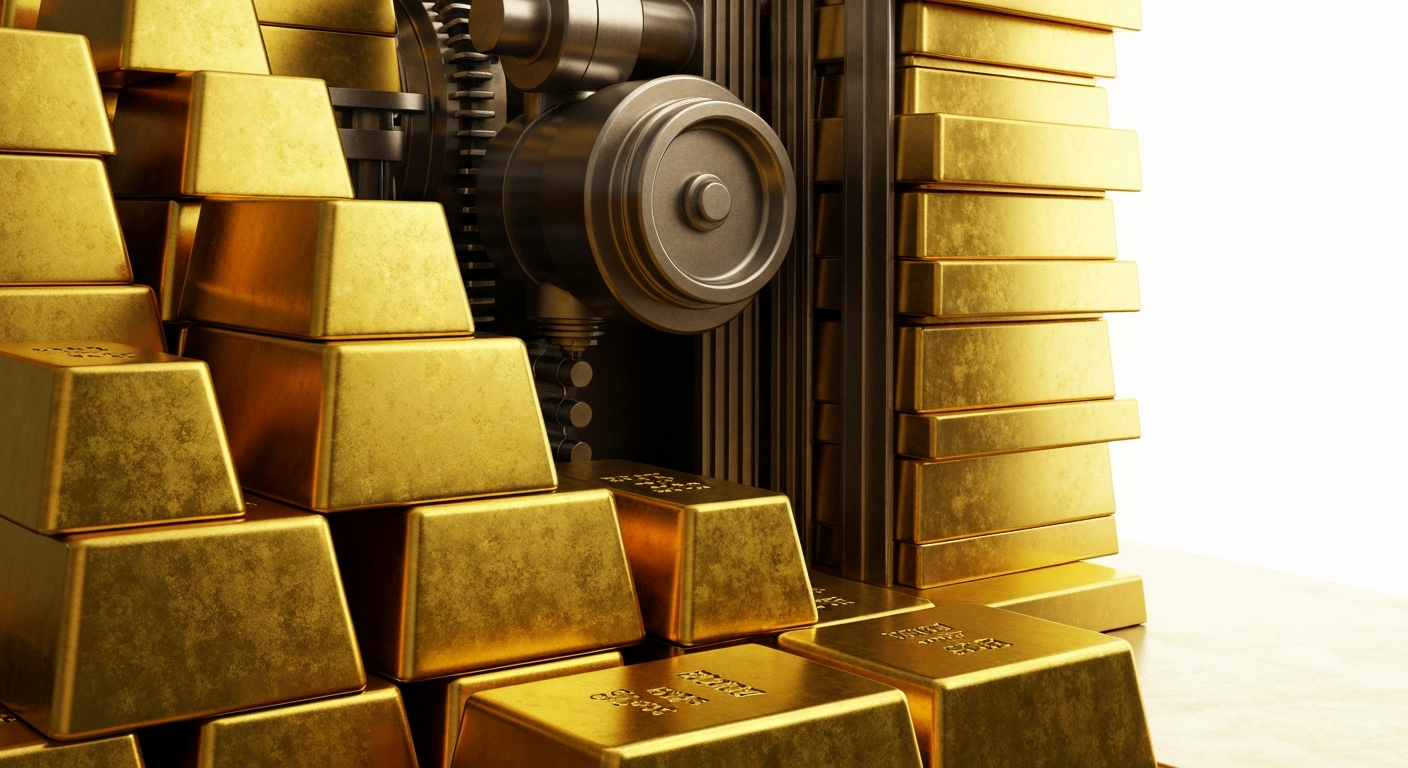 An extreme close-up of polished, heavy gold bullion bars and gears of a banking machine, conveying the physical, industrial nature of finance and stored wealth without using literal currency or charts.