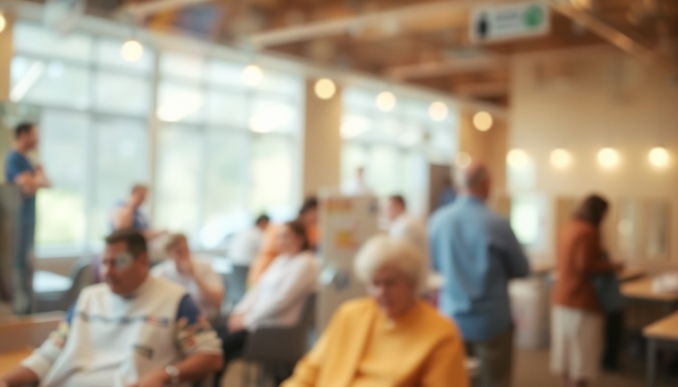 An abstract, out-of-focus photograph depicting a warm, blurred scene of people receiving services at a community wellness event, with soft pools of light and color conveying the compassionate atmosphere.