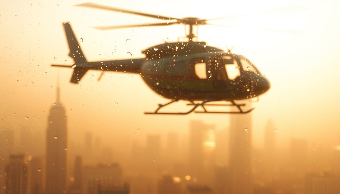 An impressionistic, out-of-focus photograph depicting the silhouette of a helicopter hovering over a blurred cityscape, with warm, golden light filtering through the glass, creating a dreamlike, atmospheric scene.