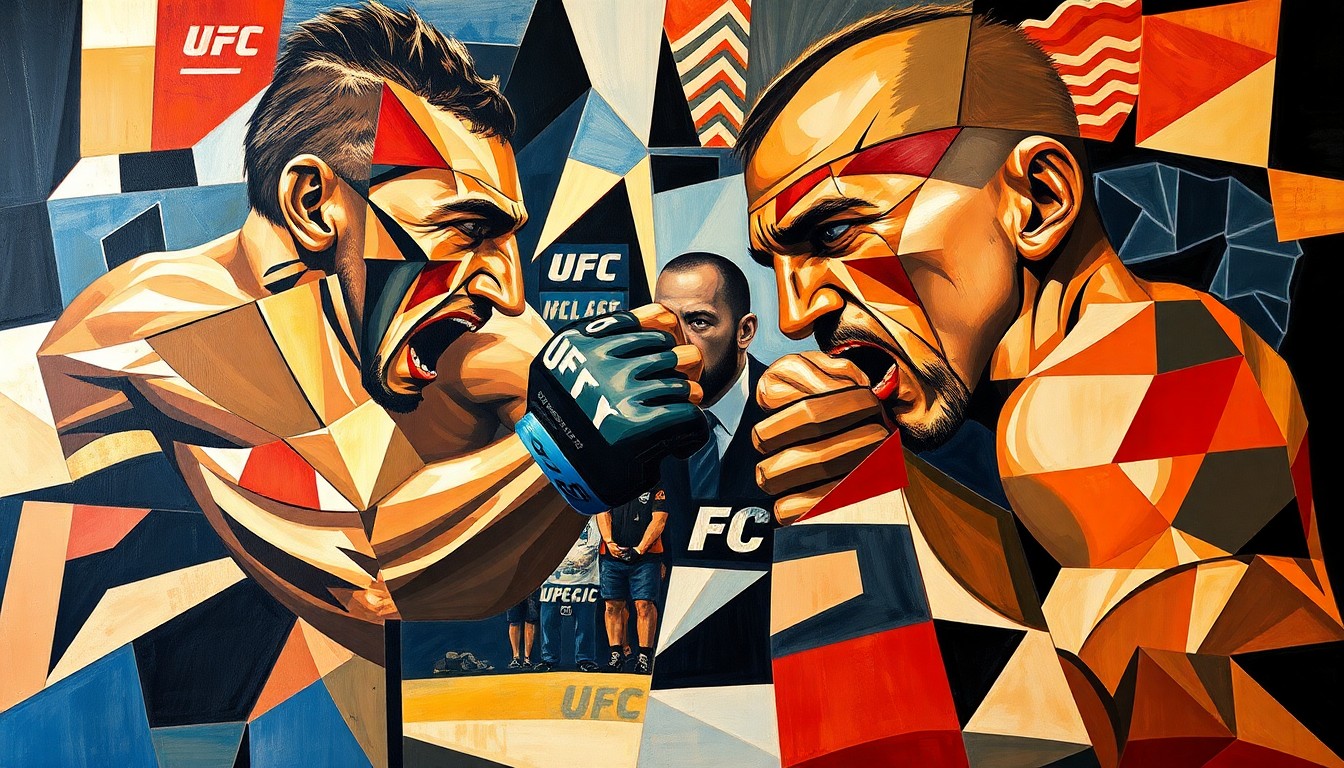 A cubist-style painting depicting a fractured, multi-perspective scene of two UFC fighters engaged in combat, their movements and energy captured through sharp, overlapping geometric planes.