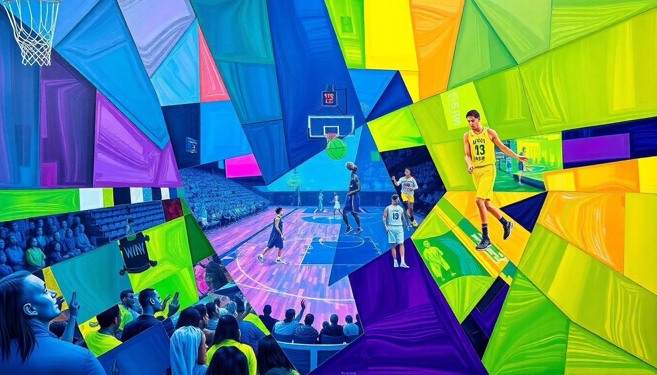 A cubist-style painting depicting a WNBA basketball game broken down into overlapping geometric shapes and planes in a vibrant color palette, conceptually representing the diverse voices and perspectives of the Storm's new broadcast team.