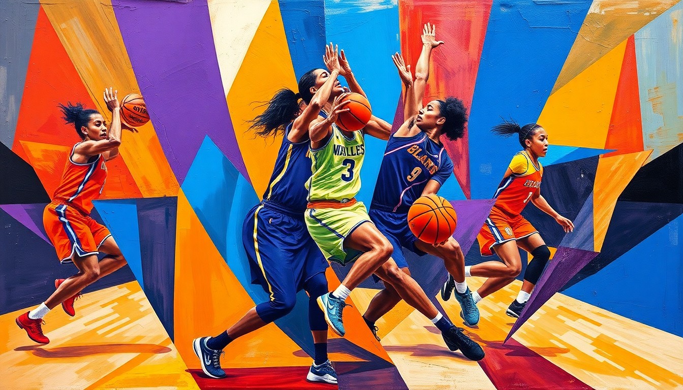 A cubist, geometric painting depicting a WNBA basketball game in progress, with the players' forms abstracted into angular shapes and planes of vibrant colors like electric blue, fiery orange, and deep purple.