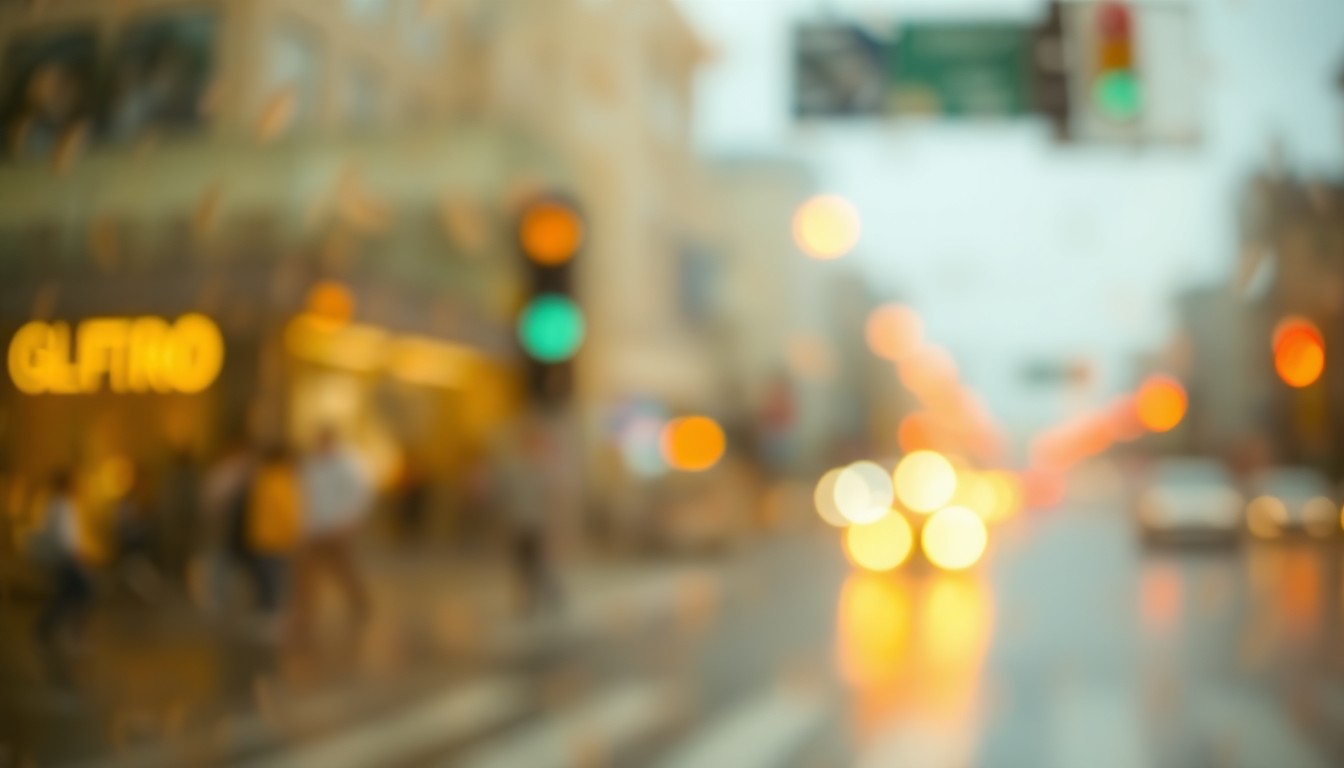 An abstract, impressionistic scene of blurred street lights and traffic signals in warm, earthy tones, conveying the mood of urban infrastructure disruption.
