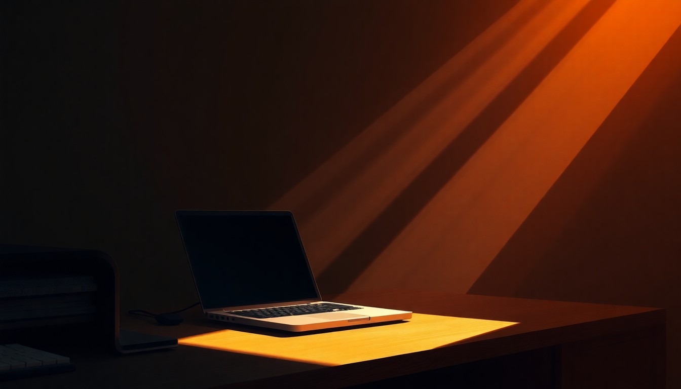 A close-up view of a laptop computer on a desk, with the screen reflecting a faint glow and the surrounding area cast in deep shadows, conceptually representing the opaque nature of data-driven pricing models.