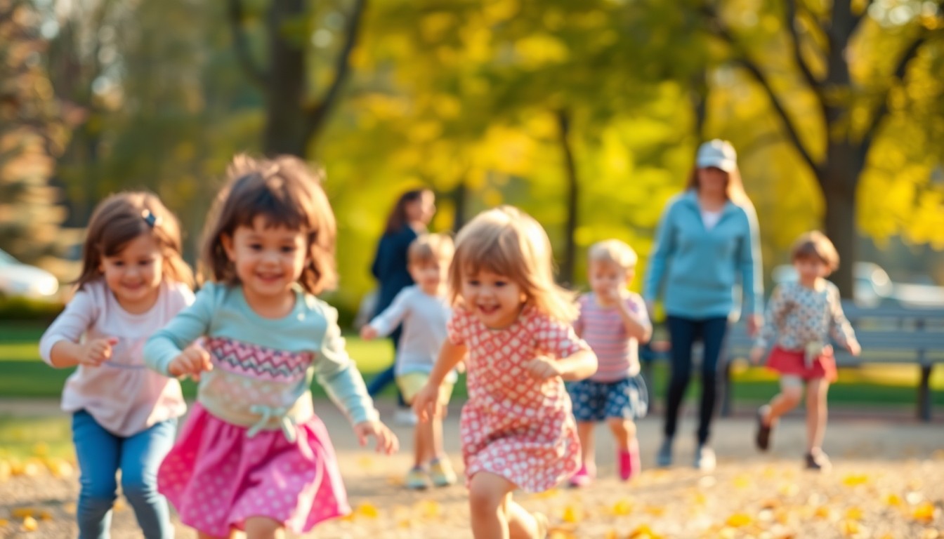 An abstract, impressionistic photograph showing the blurred silhouettes of young children playing in a park, with soft, warm washes of color and light creating an atmosphere of joy and community.
