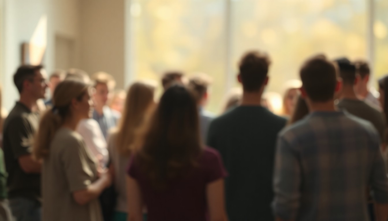 An abstract, out-of-focus scene with warm, blurred shapes and pools of light, suggesting a sense of community and inclusivity at the LGBTQ+ Free Legal Clinic event.