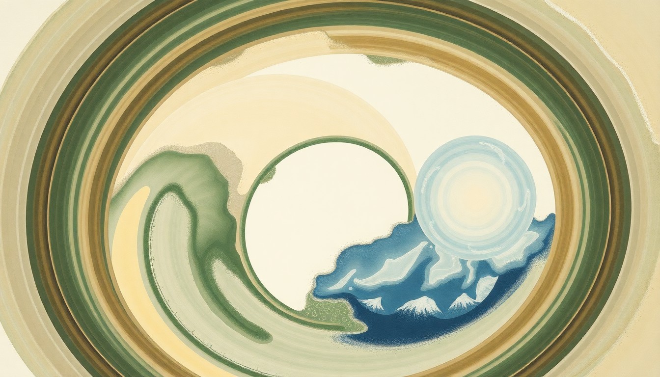 An abstract, geometric painting in muted earth tones depicting the interconnected forces of a shrinking lake, airborne particulates, and the human toll of environmental degradation.