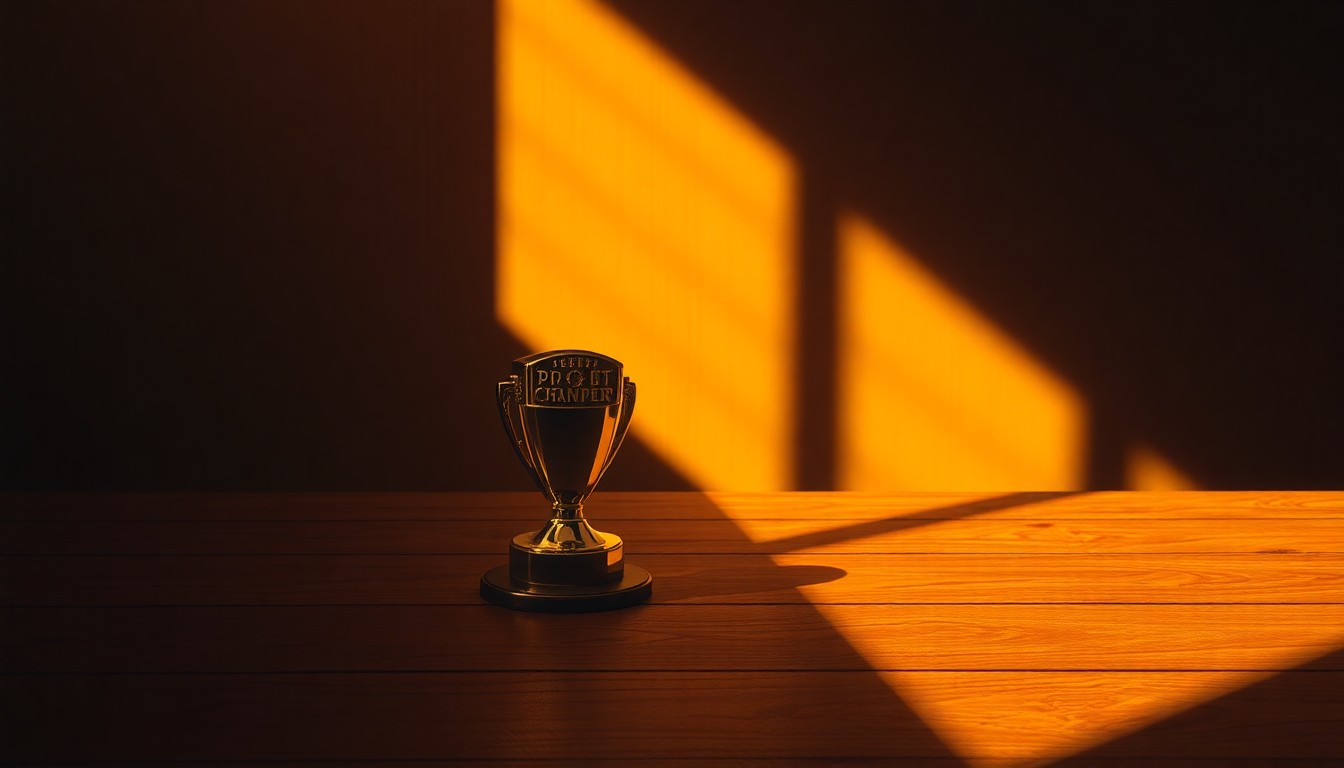 A close-up view of a shiny metal sports trophy or championship ring sitting alone on a wooden table, the object partially obscured by dramatic shadows and warm, directional lighting, conveying a sense of solitude and contemplation around the growing sports betting industry.