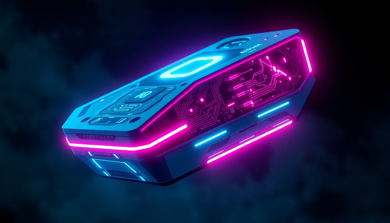 A highly detailed, glowing 3D illustration of a futuristic AI assistant device with intricate circuitry and neon lights, symbolizing the decentralized, Web3-powered nature of the Ghast AI platform.