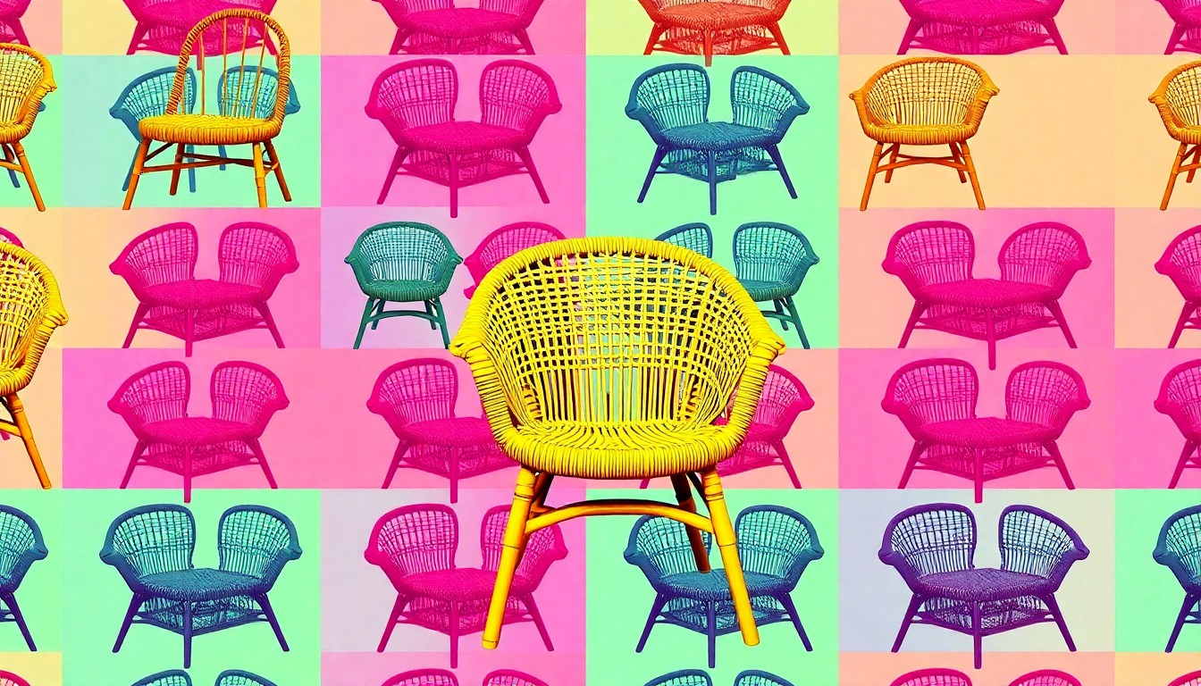A vibrant, high-contrast silkscreen print featuring a repeated image of a rattan chair in shades of neon blue, pink, and yellow, conceptually representing the retro-inspired yet contemporary aesthetic of Pamela Anderson's furniture line.