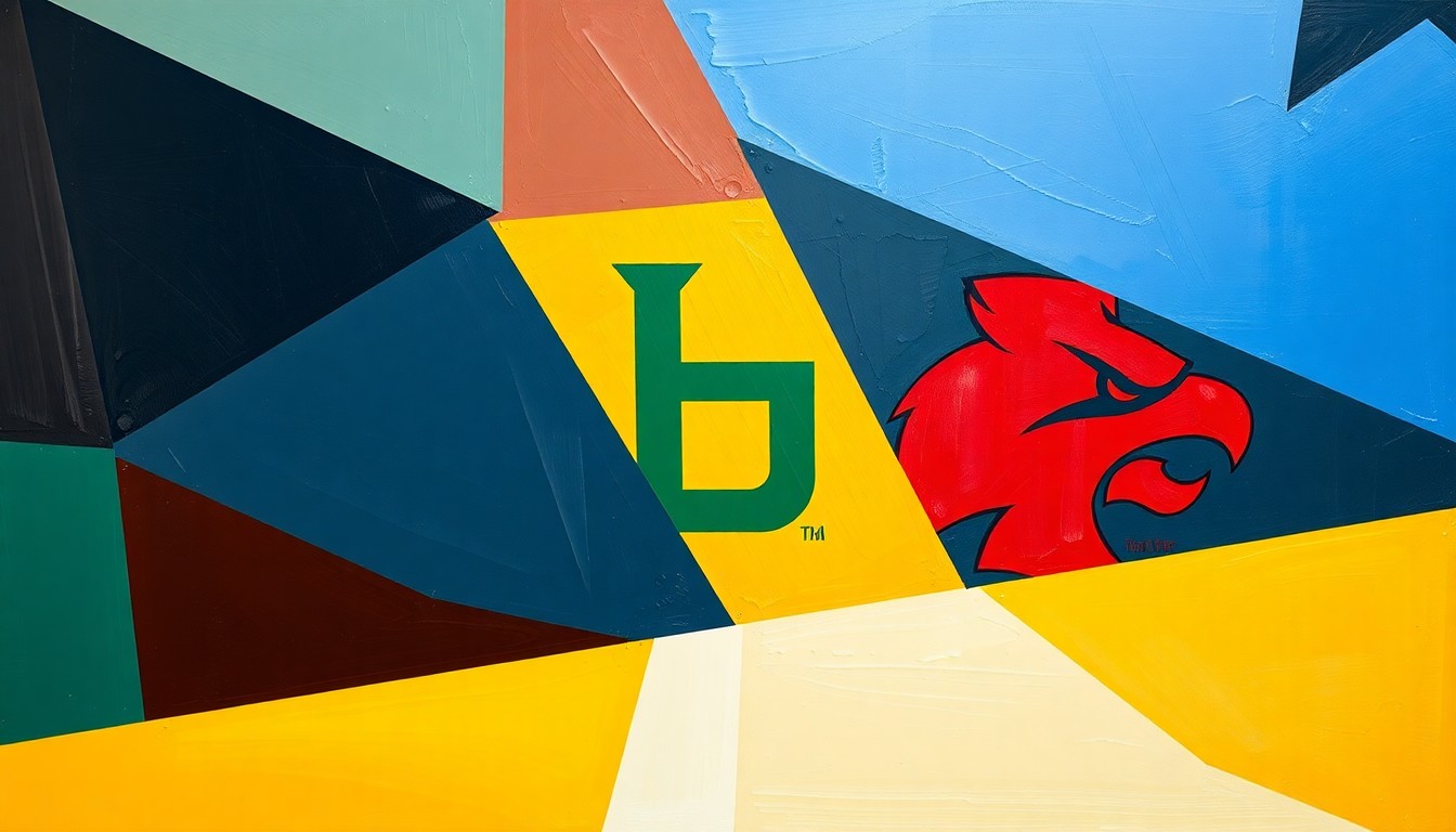 A vibrant, cubist-style painting depicting a fragmented, multi-angled view of a college football game, using the official team colors of UCF, Baylor, and Iowa State to conceptually represent the energy and excitement of these Friday night matchups.