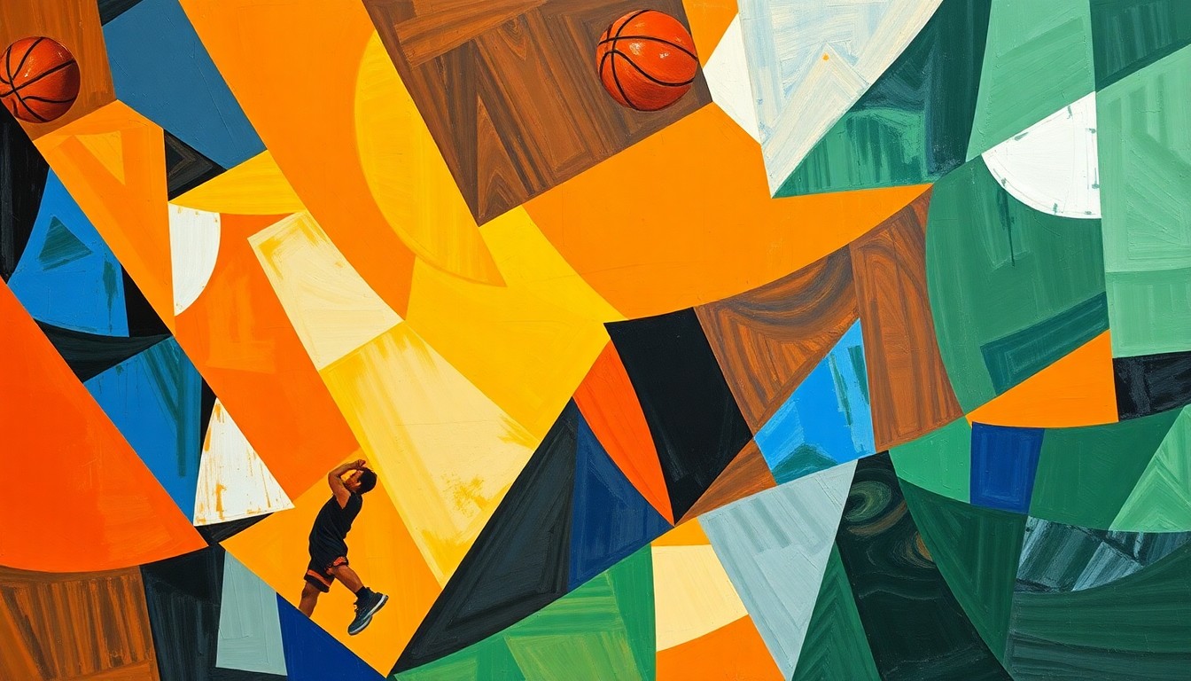 A cubist, geometric painting depicting a fragmented basketball game, with overlapping planes of orange, blue, and green shapes representing the intense action and competition of the NCAA Tournament semifinals.