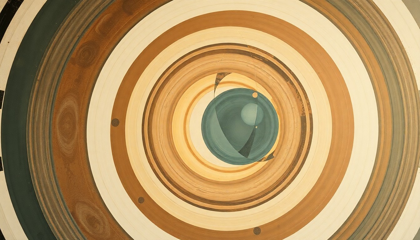 An abstract, highly structured painting in soft, earthy tones featuring sweeping geometric arcs, concentric circles, and precise botanical spirals, conceptually representing the transformative potential and complex interplay of Generative AI and scientific forces.