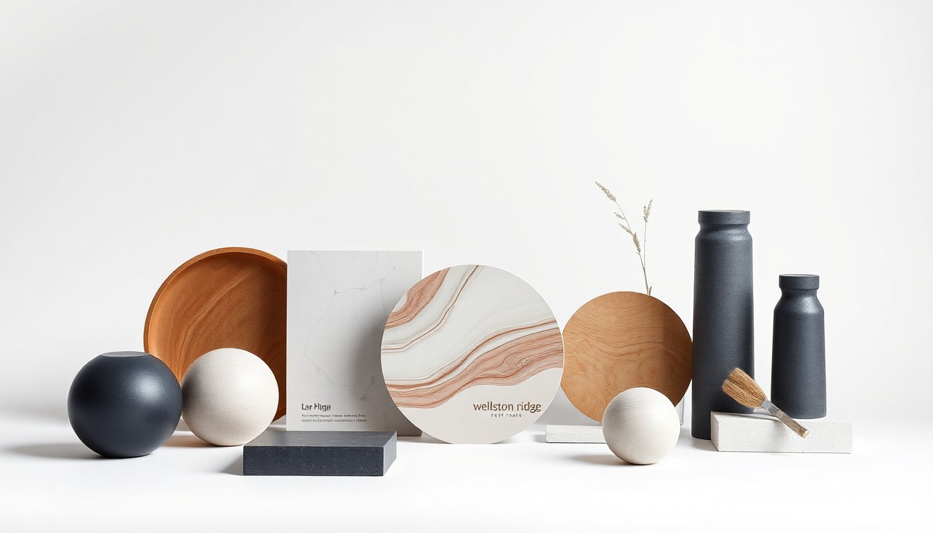 A high-end, photorealistic studio still-life photograph featuring a collection of polished, geometric shapes and premium materials in a clean, minimalist arrangement, conceptually representing the modern design of the new Wellston Ridge homes.