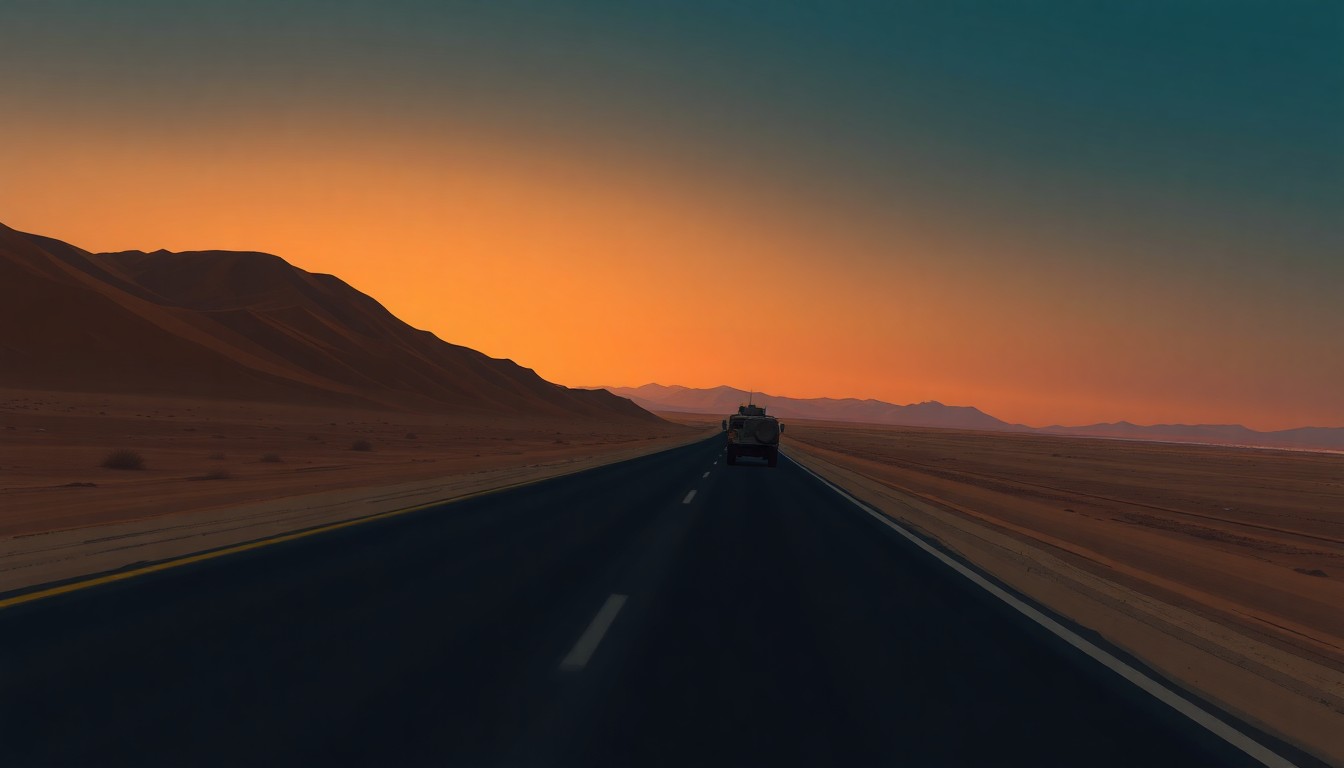A serene, cinematic painting depicting an empty desert road at dusk, with a lone military vehicle in the distance, bathed in warm, diagonal sunlight and deep shadows, conveying a sense of tension and unease.